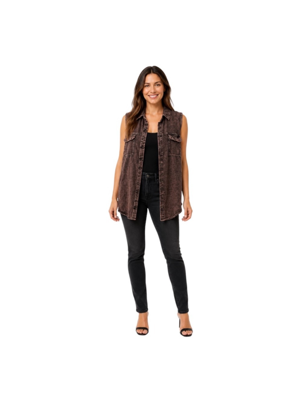 Rock & Republic XL Brown Mineral Wash Sleeveless Button Down Cutout Top